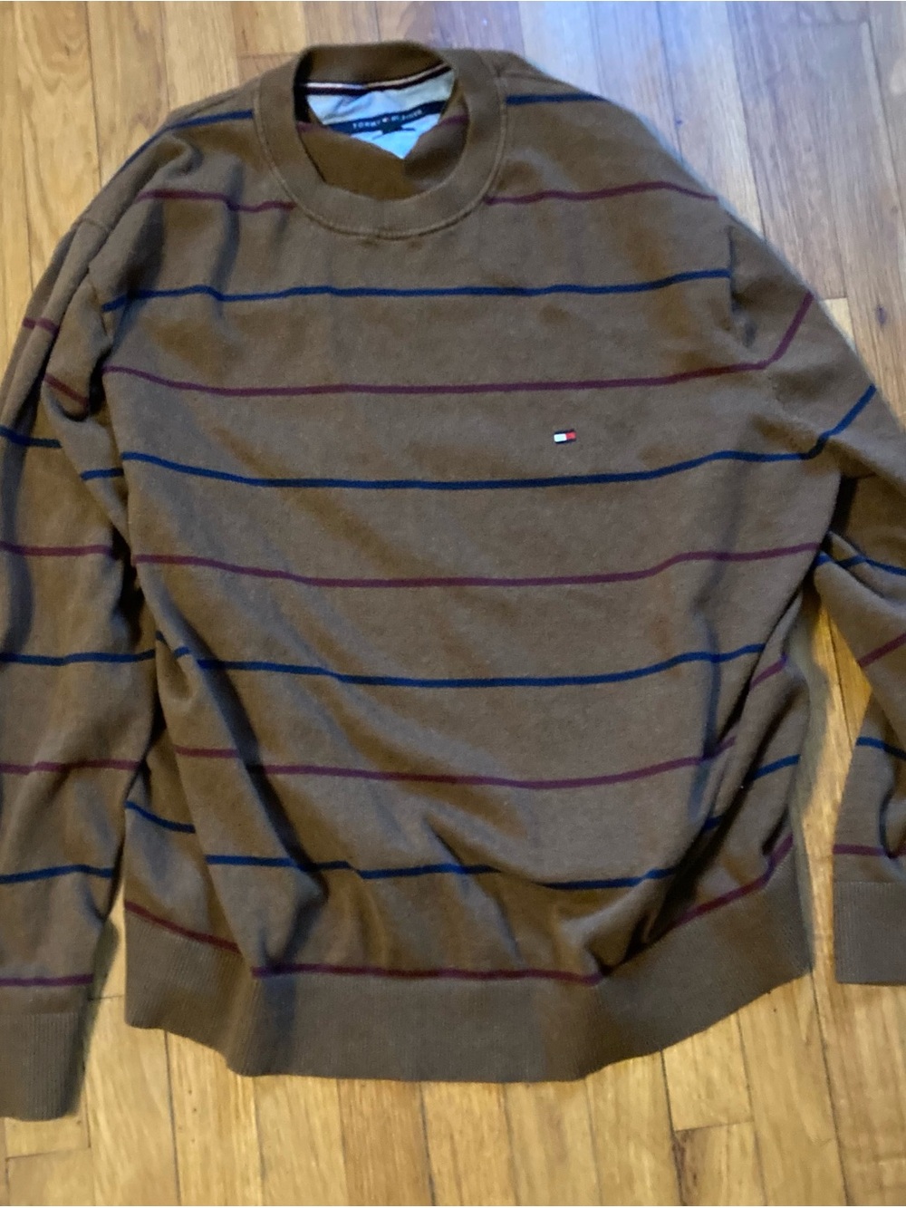 Tommy Hilfiger Brown Crewneck Sweater with Navy and Burgundy Stripes